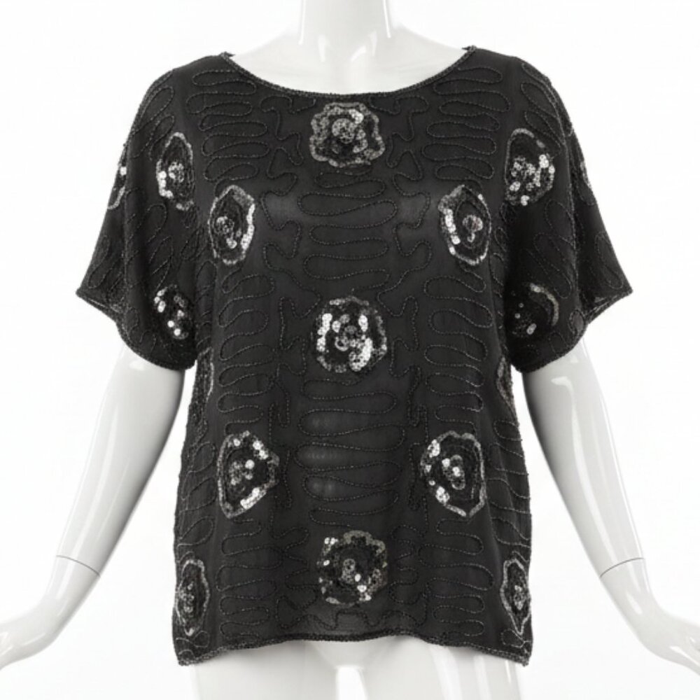 Vintage Scala Black Sequin Top – Glamorous Evening Wear, Size Medium